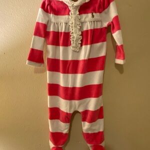 Ralph Lauren Baby Pink And White Striped Velour Long Sleeved Romper W Ruffles 9m
